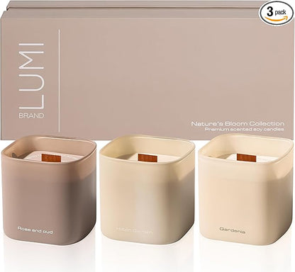 Set of 3 Premium Scented Soy Candles Gift Set | Nature's Bloom Collection - Gardenia, Hilton Garden and Rose & Oud | Crackling Wood Wick | Luxury Candles for Relaxation, Home Décor, Gifts | 9.8oz Each