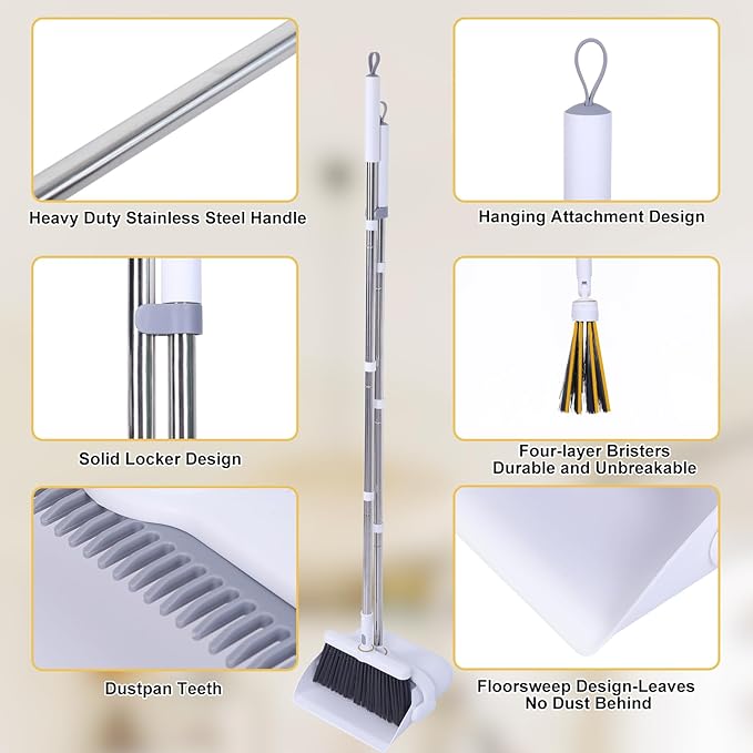 Upgrade Broom with Dustpan Combo Set Heavy Duty, Ergonomic Adjustable Handle, Cleaning Teeth, Ideal for Pets, Indoor and Outdoor Sweeping（White）