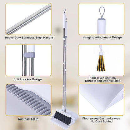 Upgrade Broom with Dustpan Combo Set Heavy Duty, Ergonomic Adjustable Handle, Cleaning Teeth, Ideal for Pets, Indoor and Outdoor Sweeping（White）