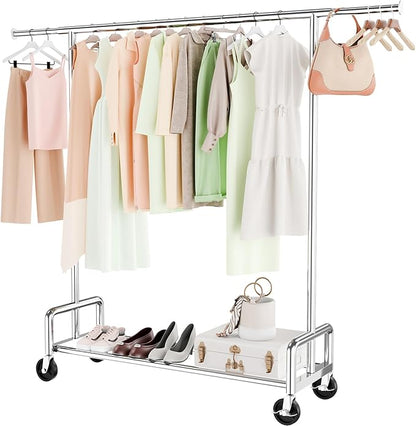 Simple Trending Heavy Duty Clothing Clothes Rack with Wheels for Hanging, Metal Rolling Garment Rack Organizer Load 500 LBS, Chrome