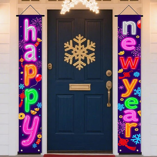 Nuxovilar Happy New Year Banner, 70.86" x 11.81" Colorful Background Letters Hanging Decorations for Outdoor Indoor Home Wall