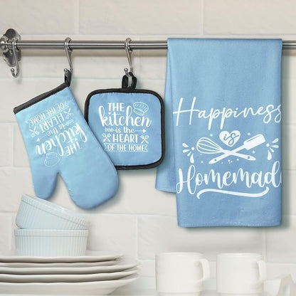 Sratte 6 Pcs Kitchen Decor Accessories Set Farmhouse Towels Pot Holders Oven Mitts Set 2 Dish Towels 2 Potholders 2 Cooking Mittens Oven Glove for Christmas Baking Cooking Supply(Light Blue,Kitchen)