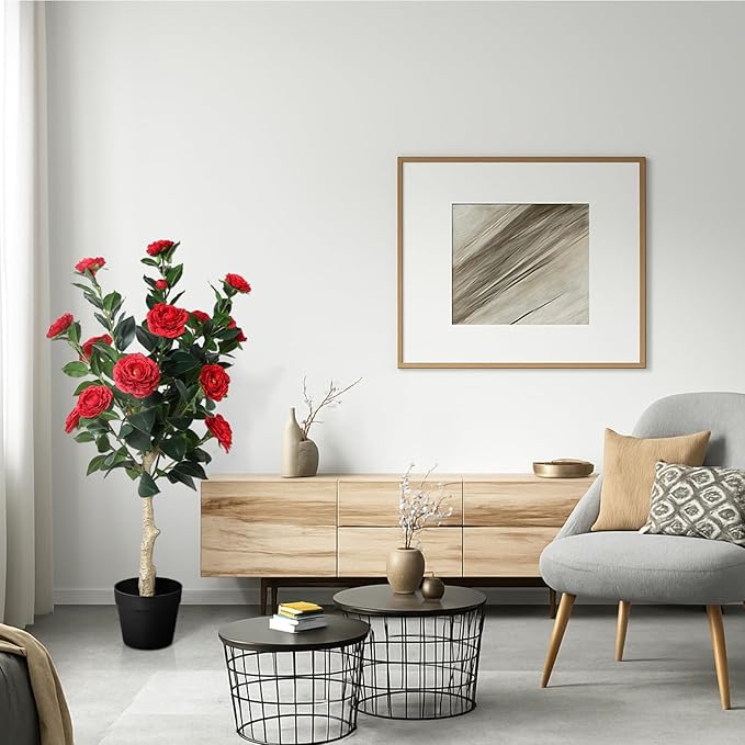 3FT Artificial Camellia Tree, 2 Pack Fake Camellia Tree Artificial Tree, Faux Floral Plants in Cement Pot, Greenery Potted Plant for Indoor Outdoor Home Office Porch Decor (Red)