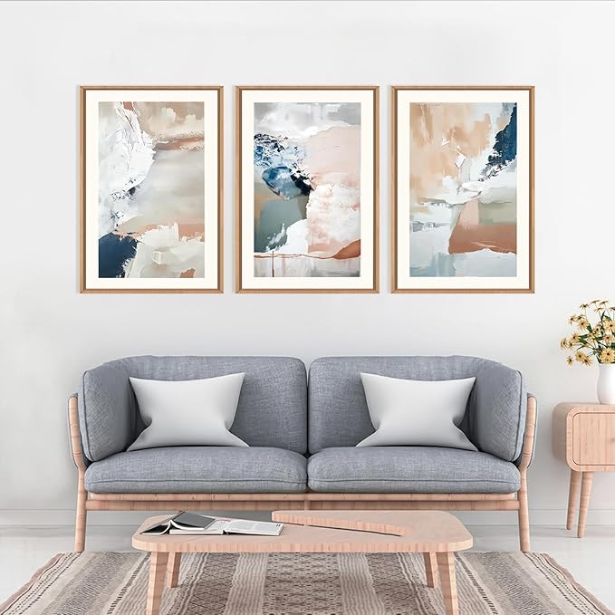 Large Abstract Brush Strokes Framed Canvas Wall Art,Neutral Navy Blue Wall Decor,Modern Pastel Wall Painting,Grey White Toned Artwork for Living Room,Bedroom,Dining Room,Office -24"x36"x3