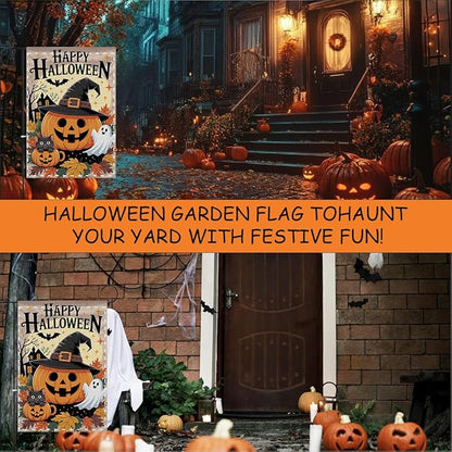 Fokongna Happy Halloween Garden Flag, Cute Pumpkin Ghost Black Cat Garden Flag,Trick or Treat 12x18 Inch Burlap Vertical Double Sided Flags, for Home Yard Outside Decorations