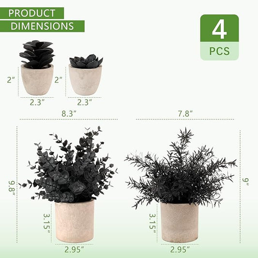 ALAGIRLS 4 Packs Fake Plants Small Artificial Plants Indoor Black Eucalyptus Rosemary Succulents Plants Potted Faux Plants for Home Indoor Office Bathroom Living Room Decor