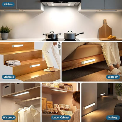 Ascher Under Cabinet Lights, Motion Sensor Light with 3 Colors, 2000mAh USB Rechargeable Closet Light, Magnetic Dimmable Under Counter Lights for Kitchen, Stairs, Wardrobe, Silver, Pack of 1