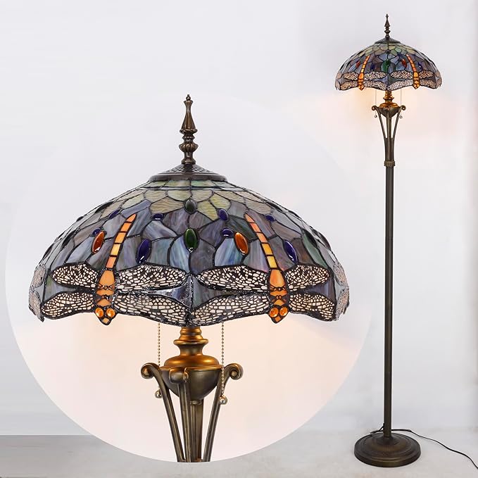 Tiffany Floor Lamp Brown Yellow Stained Glass Dragonfly Standing Reading Light 16X16X70 Inches Antique Pole Corner Lamp Decor Bedroom Office Living Room