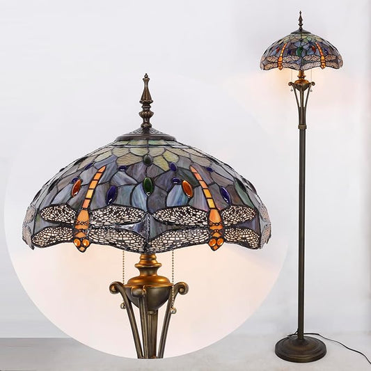 Tiffany Floor Lamp Brown Yellow Stained Glass Dragonfly Standing Reading Light 16X16X70 Inches Antique Pole Corner Lamp Decor Bedroom Office Living Room