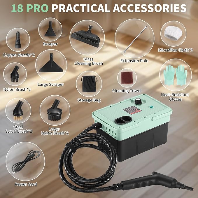 2500W Steam Cleaner - Adjustable 6-Level Steam Control, 15s Fast Heat, 1.6QT Water Tank, Portable High-Pressure Steamer for Home, Car, Grout