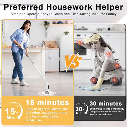 Electric Spin Scrubber, 2025 Upgraded Cordless Bathroom Scrubber, Aluminum Alloy Telescopic Handle, Shower Cleaner Brush with LED Display, 3 Speeds, 8 Brush Heads, IPX7 Bathtub Electric Cleaning Tool