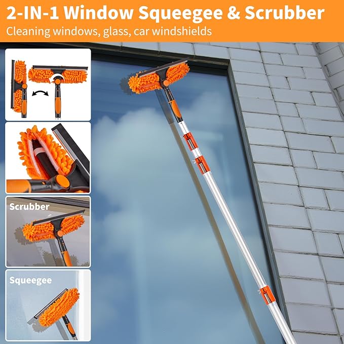 4-24 Foot Window Washing Kit with Extension Pole, Long Window Squeegee with Microfiber Scrubber, Window Cleaner Tool for Ceiling Fan, Furniture, Home (Feather Duster & Ceiling Fan Duster)