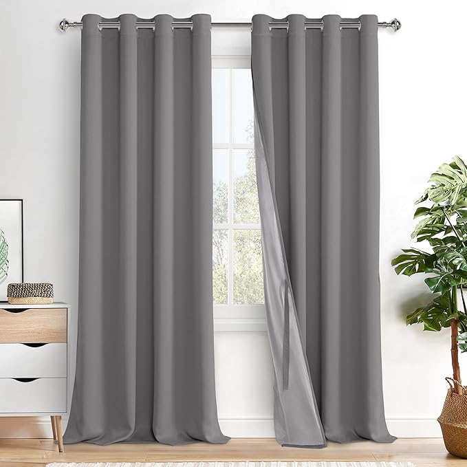 XWZO 100% Blackout Curtain Panels - Thermal Insulated Black Liner Curtains, Noise Reducing and Heat Blocking Drapes for Hall and Studio Windows with Tiebacks, Grey, W52 x L95, Set of 2