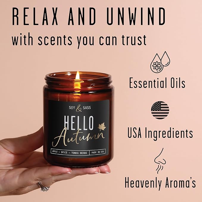 Fall Candles - ‘Hello Autumn’ Soy Fall Candle w/Apple, Cinnamon & Nutmeg I Infused with Essential Oils I Autumn Scented Candles I Cozy Décor Gifts I 9oz Jar I 50Hr Burn I Made in USA