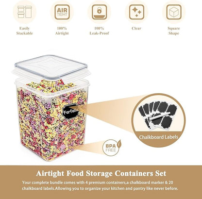 Wildone Large Food Storage Containers 5.2L /175oz, 4 Piece BPA Free Plastic Airtight Food Storage Containers for Flour, Sugar, Baking Supplies, Kitchen & Pantry Containers with 20 Labels - Gray