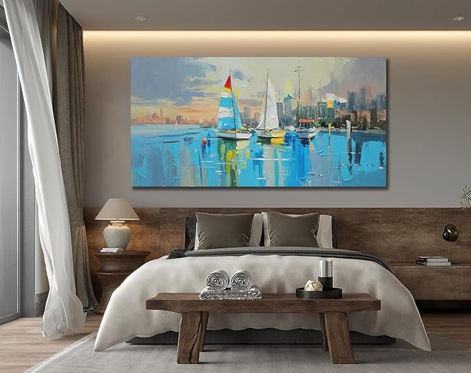Anolyfi Abstract Canvas Wall Art Landscape Picture Coastal Cityscape Painting Blue Textured Artwork for Living Room Bedroom Bathroom Kitchen Office Home Decor 40"x20"