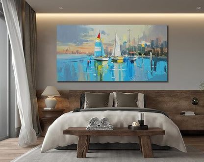 Anolyfi Abstract Canvas Wall Art Landscape Picture Coastal Cityscape Painting Blue Textured Artwork for Living Room Bedroom Bathroom Kitchen Office Home Decor 40"x20"