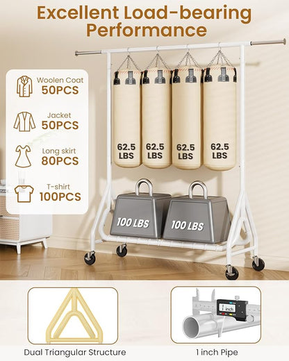 Heavy Duty Clothes Rack, Metal Clothing Rack Load 450 LBS, Rolling Coat Racks for Hanging Clothes with Lockable Wheels, Wardrobe Closet Garment Racks for Bedroom, White