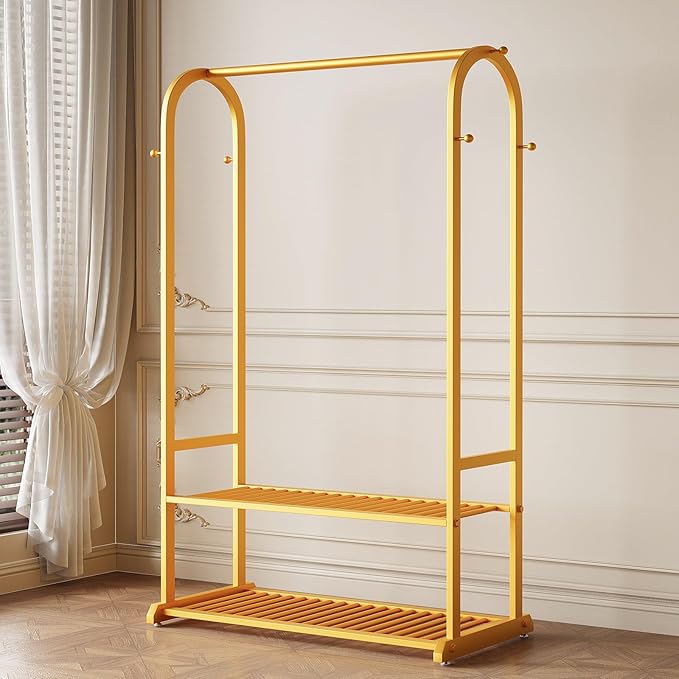 Gold Clothing Rack,Heavy duty clothes rack with 2-tier Bottom Shelves, Garment Rack with 6 Side Hooks for Hanging Clothes, Coats, Shirts (gold, 39.37in)