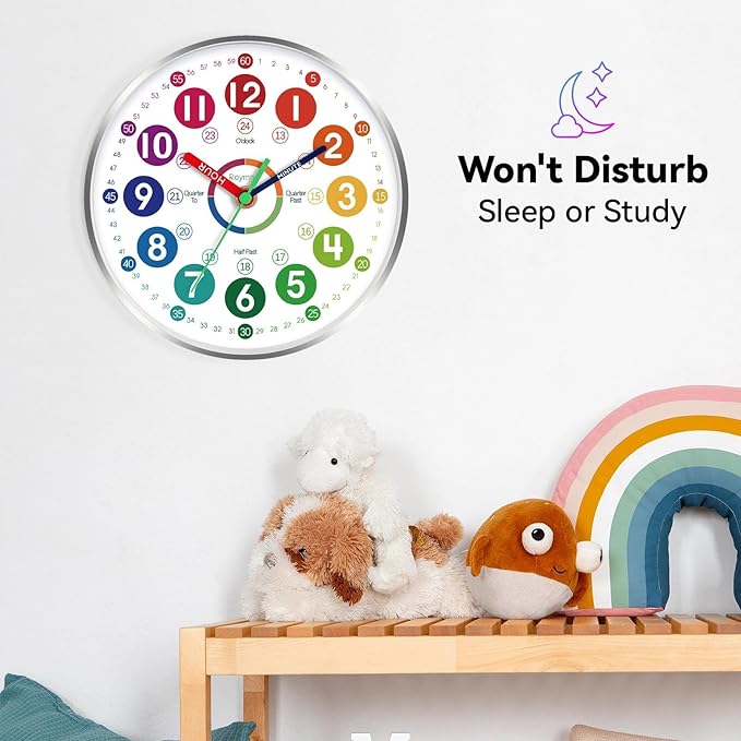 Wall Clock for Kids Learning - Teaching Time Wall Clocks Battery Operated Silent Non Ticking - Analog Colorful Clock Decorative for Kids Room Classroom School(12 Inch&Silver)