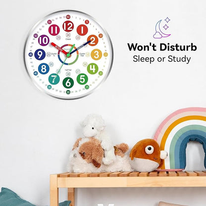 Wall Clock for Kids Learning - Teaching Time Wall Clocks Battery Operated Silent Non Ticking - Analog Colorful Clock Decorative for Kids Room Classroom School(8 Inch&Silver)