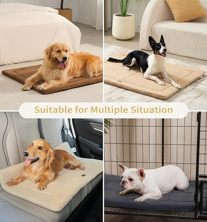 Made4Pets Dog Crate Pad Bed for Medium Large Dogs, Washable & Reversible, Anti-Slip Kennel Mat for Cozy Sleeping, Soft Fluffy Dog Bed for Indoor & Outdoor Use, 35"x23", Beige