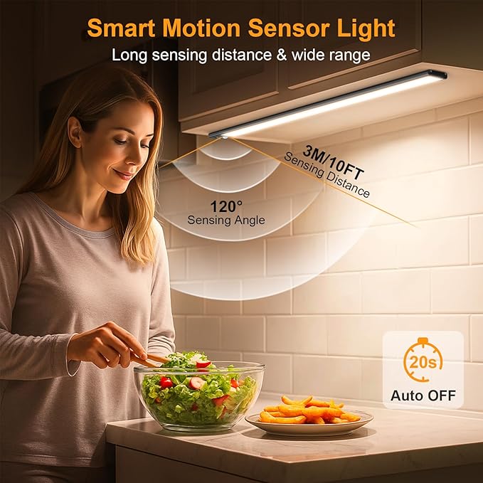 Gritin 14.7inch Under Cabinet Lighting Rechargeable - 128 LED Super Bright, 3-Color&5 Level Brightness, 4 Modes, Motion Sensor, Long Lasting-Easy Installation Magnetic Closet Lights - 2 Pack-Black