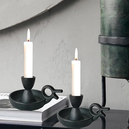 Iron Taper Candle Holders Set of 2, Black Metal Candlestick for Table Centerpieces, Wedding Decor and Dinner Party (Handle)