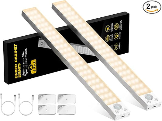 Under Cabinet Lights 14.5 Inch,Under Cabinet Lighting 63LEDS 2500mAh,Motion Sensor Light Indoor Rechargeable Battery Operated,Dimmable Under Counter Lights for Kitchen,Drawers,Wardrobe,Stair Bedroom