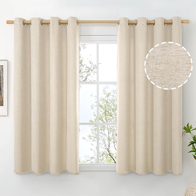 BGment Oatmeal Linen Curtains for Short Windows 45 Inch Length 2 Panels, Thick Textured Privacy Drapes Light Filtering for Bedroom Farmhouse Living Room Grommet Top, Each 52 Inch Wide