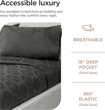 Threadmill 100% Cotton Sheets for King Size Bed - 600 Thread Count King Bed Sheets Set with 16” Deep Pocket - Jacquard Sateen Weave 4-Piece Bedding Set with Cooling Effect, Dark Grey