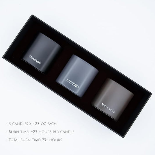 Luxury Scented Candle Set 3-Pack | Home Decor & Giftable Soy Candles | Champagne, Sandalwood & Amber | 75h Burn Time | Cotton Wick | Elegant Decorative Jars