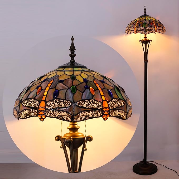 Tiffany Floor Lamp Brown Yellow Stained Glass Dragonfly Standing Reading Light 16X16X70 Inches Antique Pole Corner Lamp Decor Bedroom Office Living Room