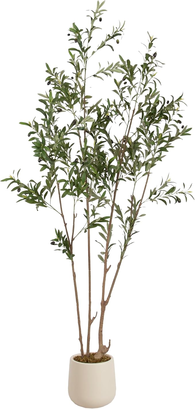 Kate and Laurel Oliveira Faux Olive Tree with Jia Curved Planter Pot, 7 FT, Cream, Potted Artificial Tree Indoor with Realistic Foliage and Added Moss, Fake Plant for Living Room Decor
