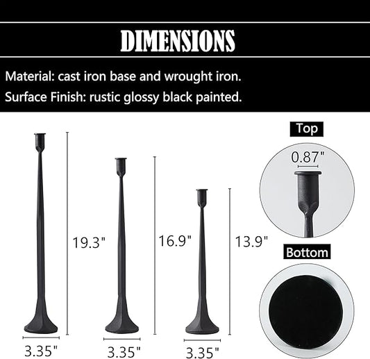 Denique Iron Taper Candle Holder Set of 3, Black Candlestick Holders 19.3”17” 14” Heightening Decorative Candle Stand Set for Wedding, Dining Table, Home Decoration (Black)