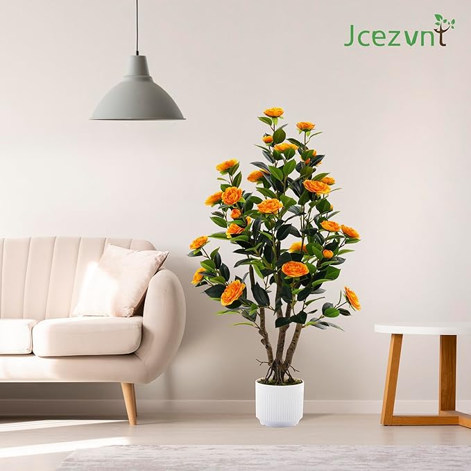 2 Pack Artificial Camellia Tree with White Pot, 38" Faux Potted Plants for Indoor Outdoor Decor, Tall Silk Greenery Plant for Home Office Living Room Balcony, Orange