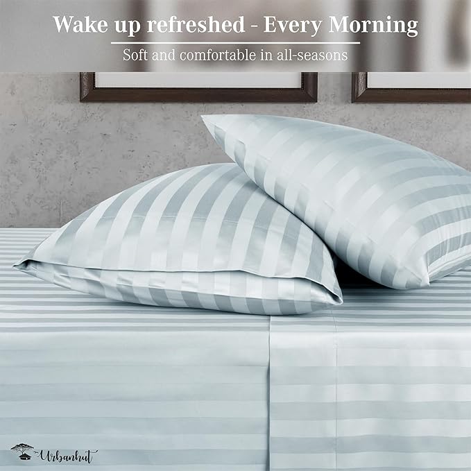 URBANHUT 800 Thread Count Egyptian Cotton Damask Striped California King Size Sheets Set (4 Pc) - Sateen Weave Cal King Size Bed Sheets, Luxury Hotel Sheets with 16" Deep Pocket - Light Blue