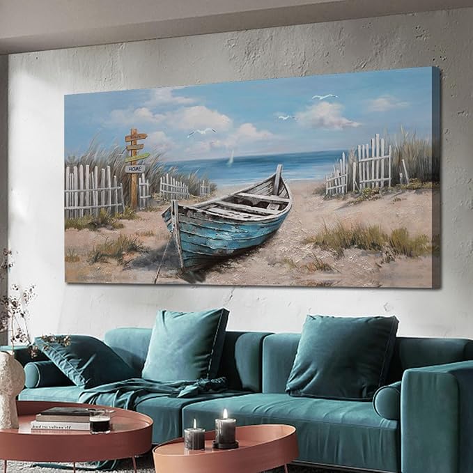 Ardemy Boat Canvas Wall Art for Living Room Large Teal Bedroom Pictures Wall Decor Textured Beach Paintings Artwork Dining Room Home Office Kitchen, 58"x29"