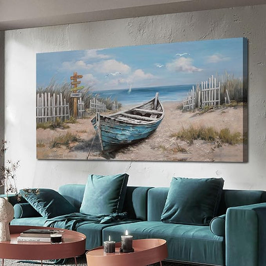 Ardemy Boat Canvas Wall Art for Living Room Large Teal Bedroom Pictures Wall Decor Textured Beach Paintings Artwork Dining Room Home Office Kitchen, 58"x29"