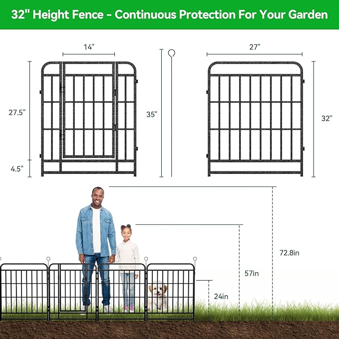 24 Panels No Dig Garden Fence 54 ft(L) X 32 in(H) Animal Barrier for Yard, Patio, Garden Borders, Outdoor Decorative Fencing with Thick Pipe Metal Panels