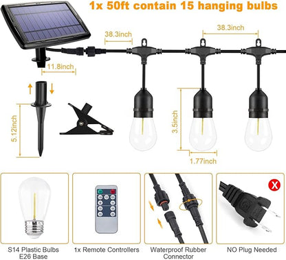 Solar String Lights with Remote Control, 50FT Dimmable Outdoor String Lights Waterproof, Patio Lights Solar Powered for Garden Backyard Camping Party