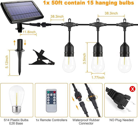 Solar String Lights with Remote Control, 50FT Dimmable Outdoor String Lights Waterproof, Patio Lights Solar Powered for Garden Backyard Camping Party