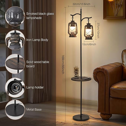Farmhouse Floor lamp with Table, Double Head Vintage Floor Lantern, Standing lamp for Living Room，Bedroom, Rustic Floor Lamp with Black Brown Finish