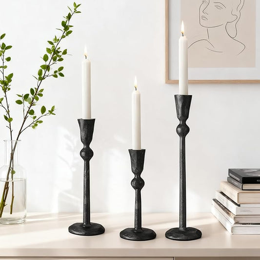 Set of 3 Antique Black Taper Candle Holders Cast Iron Candlestick Holder for Table Centerpieces Wedding Holiday Decor Vintage Decorative Candelabra Style Candle Stick Stand