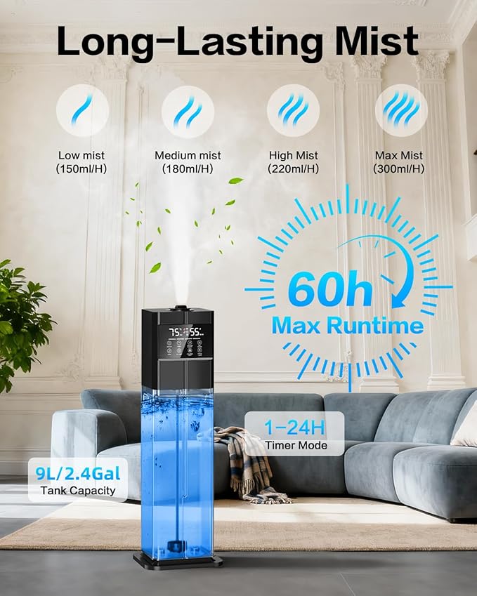 Cool Mist Humidifiers for Large Room, Ultrasonic 2.4Gal 9L Quiet Top-Fill, Easy Clean with Essential Oil Tray, 360°Nozzle, 4 Speed, Remote, 60H Runtime, for Baby, Adults, Plants, Home, House, Bedroom