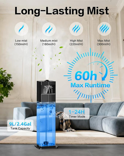 Cool Mist Humidifiers for Large Room, Ultrasonic 2.4Gal 9L Quiet Top-Fill, Easy Clean with Essential Oil Tray, 360°Nozzle, 4 Speed, Remote, 60H Runtime, for Baby, Adults, Plants, Home, House, Bedroom