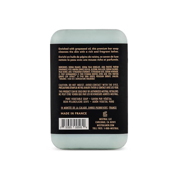 Mistral Salted Gin Luxury Bar Soap for Men | Men’s Natural Soap Bar | Paraben, Phthalates Free | Moisturizing & Triple-Milled Natural Soap for Men - Made in France | Large, 8.8 oz