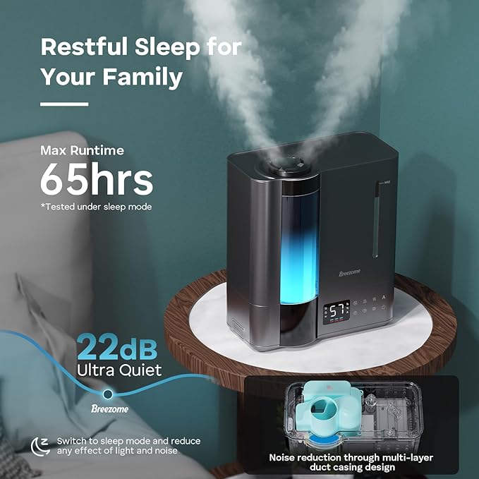 BREEZOME 8L Humidifiers for Bedroom, Smart Warm & Cool Mist for Large Room Home, Top Fill Ultrasonic Humidifier, Humidity Sensor, Essential Oil, 65H Runtime, Quiet for Baby, Plants, Fast Relief
