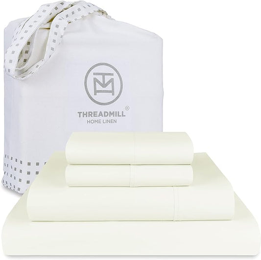 Threadmill Supima Cotton Sheets - King, 1000 Thread Count, 4 Piece Luxury Bed Sheets Set, Hotel Quality Sateen Weave, Ivory with Elasticized Deep Pocket