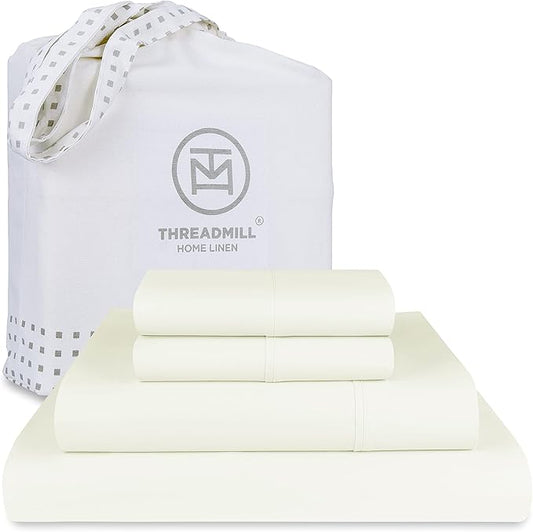 Threadmill Luxury 800 Thread Count Full Size 100% Cotton Sheets - Ivory Sateen Weave Bed-Sheets, Better Than Egyptian Cotton, 4 Pc Solid Bed Set, Fits 16" Deep Pocket